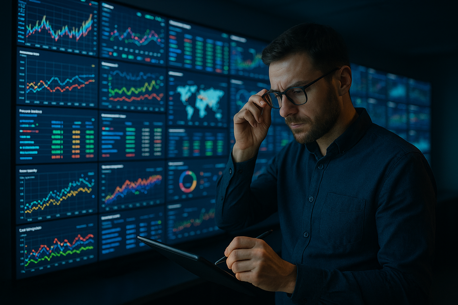 Dans une salle de contrle moderne un vaste mur dcrans occupe toute une paroi scintillant avec une myriade de donnes en temps rel et de graphiques dynamiques Les couleurs vives des graphiques contrastent avec lclairage tamis de la pice crant une ambia-1 Dans une salle de contrle moderne un vaste mur dcrans occupe toute une paroi scintillant avec une myriade de donnes en temps rel et de graphiques dynamiques Les couleurs vives des graphiques contrastent avec lclairage tamis de la pice crant une ambia-1